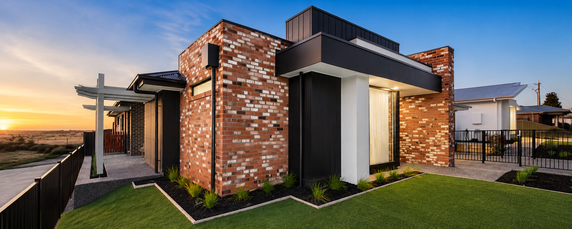 Modern brick house exterior at sunset with a green lawn and ocean view — Twomey Homes in Delacombe, VIC