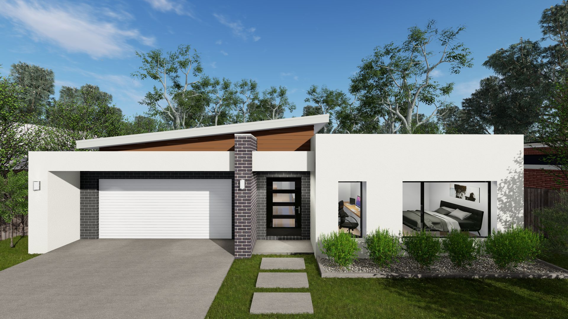 Modern white house exterior with garage, stone entry, and landscaped front yard under a blue sky — Twomey Homes in Delacombe, VIC