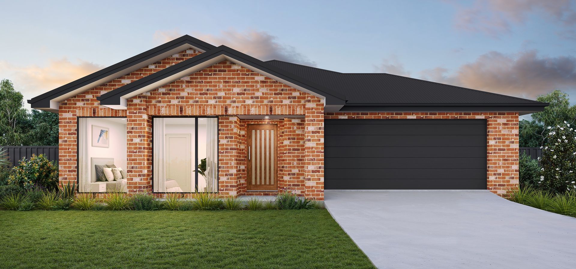 Modern brick single-story house with black roof, large garage, and front lawn — Twomey Homes in Delacombe, VIC