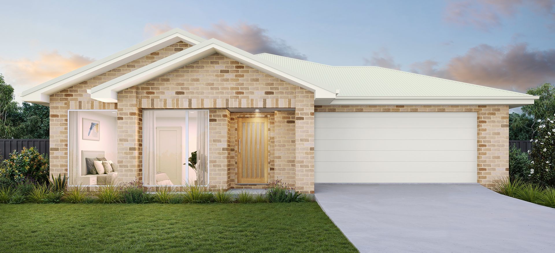 Single-story beige brick house with front porch, white garage, and green lawn under a blue sky — Twomey Homes in Delacombe, VIC