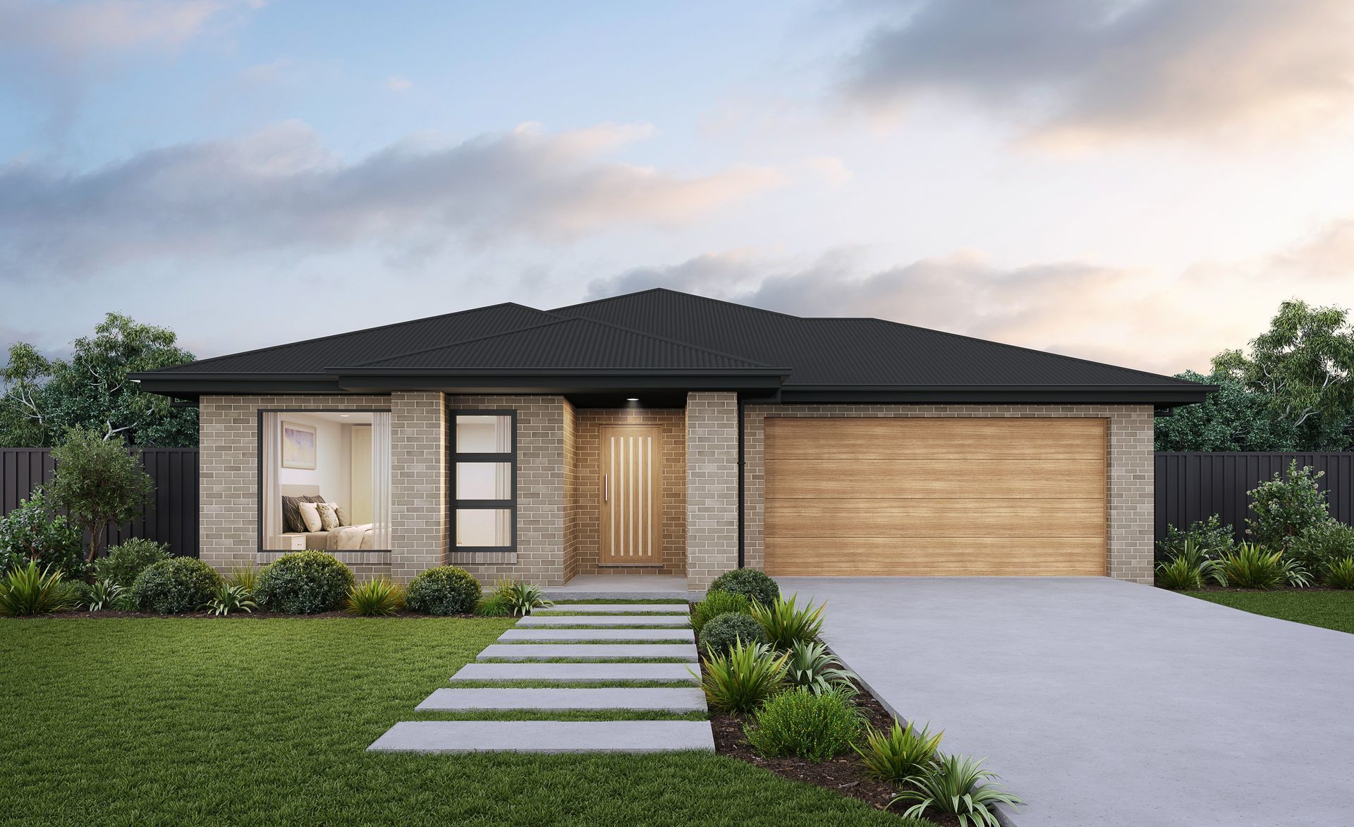 Single-story modern house with a brick facade, black roof, front walkway, and two-car garage at dusk — Twomey Homes in Delacombe, VIC