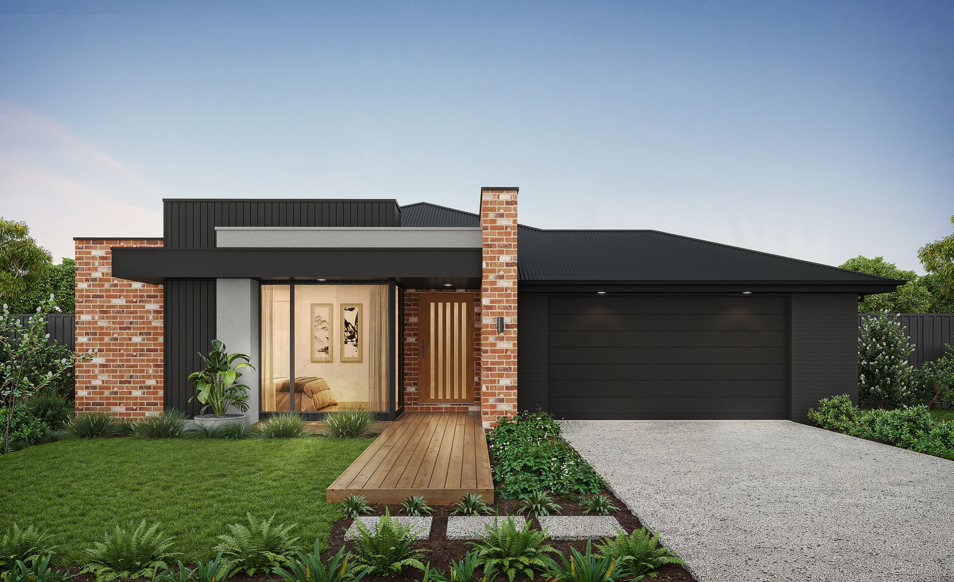Modern single-story brick house with dark trim, front garden, and a two-car garage at dusk — Twomey Homes in Delacombe, VIC