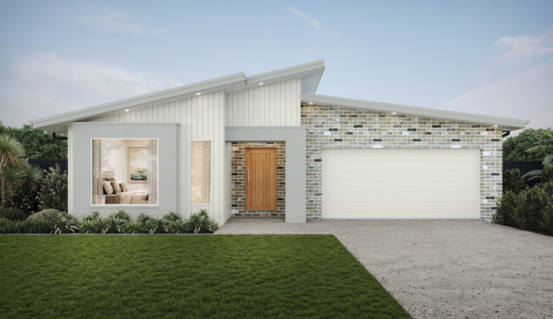 Modern single-story house with white facade, wood front door, large garage, and landscaped lawn — Twomey Homes in Delacombe, VIC