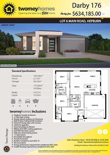 House plan flyer for Darby 176, showing a modern single-story home exterior and floor plan — Twomey Homes in Delacombe, VIC