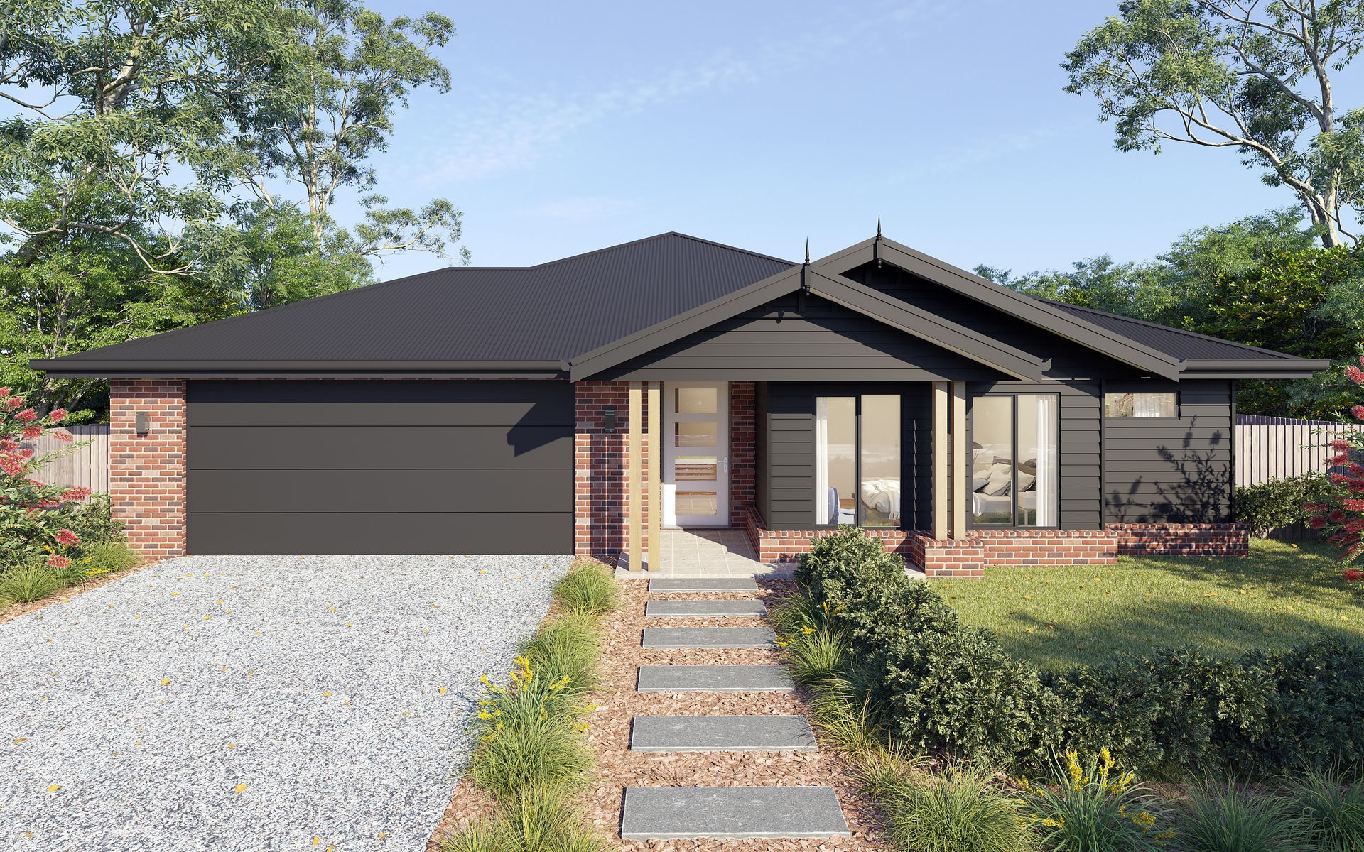 Modern single-story house with dark roof, brick accents, a gravel driveway, and a front walkway through a garden — Twomey Homes in Delacombe, VIC