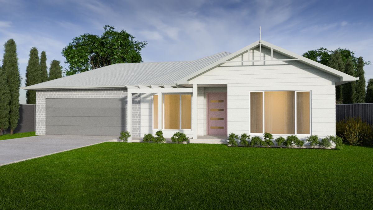 Modern white single-story house with attached garage, front porch, and green lawn — Twomey Homes in Delacombe, VIC
