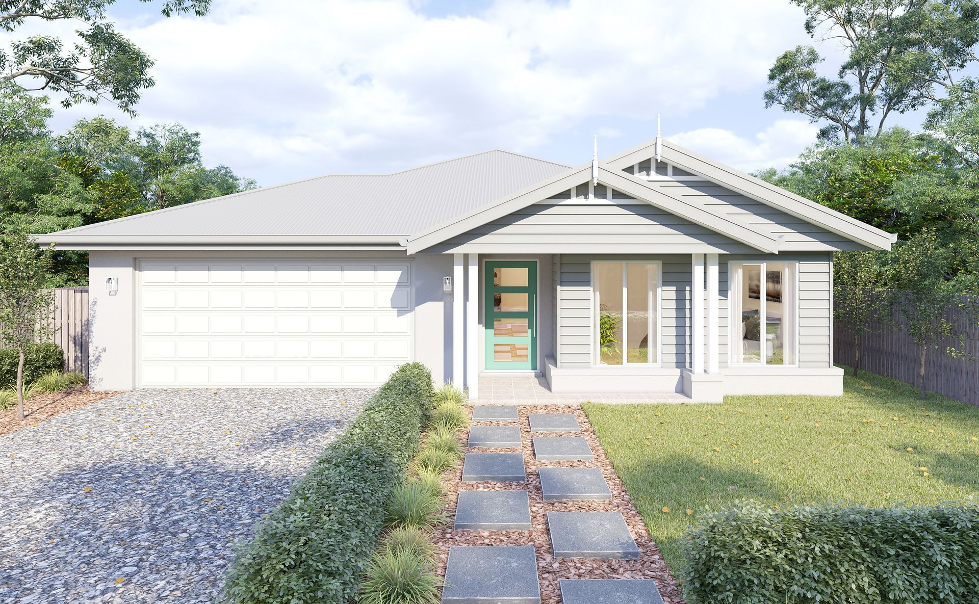 Single-story white house with grey roof, front porch, garage, and stone walkway in a grassy yard — Twomey Homes in Delacombe, VIC