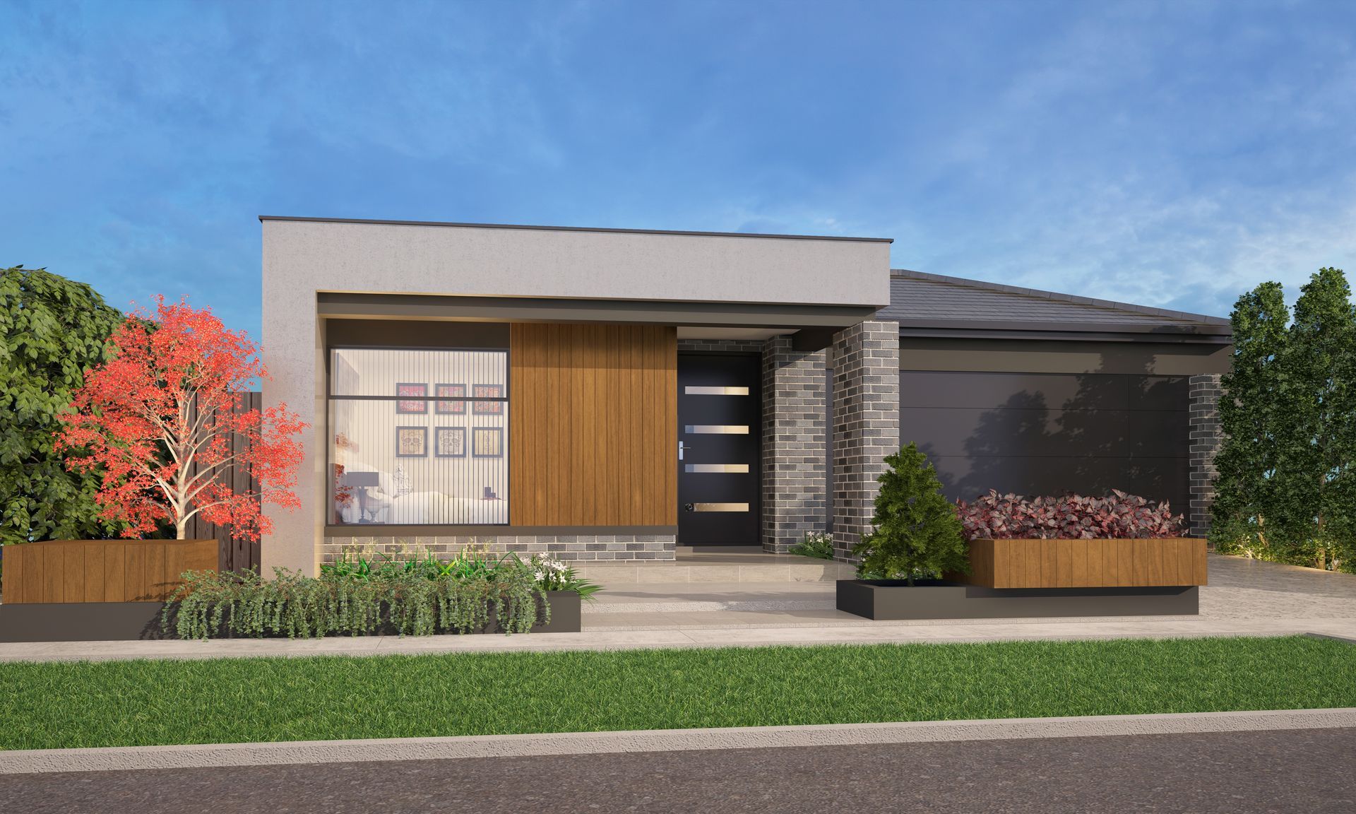 Modern single-story house with beige facade, black door, front garden, and red tree by the road — Twomey Homes in Delacombe, VIC