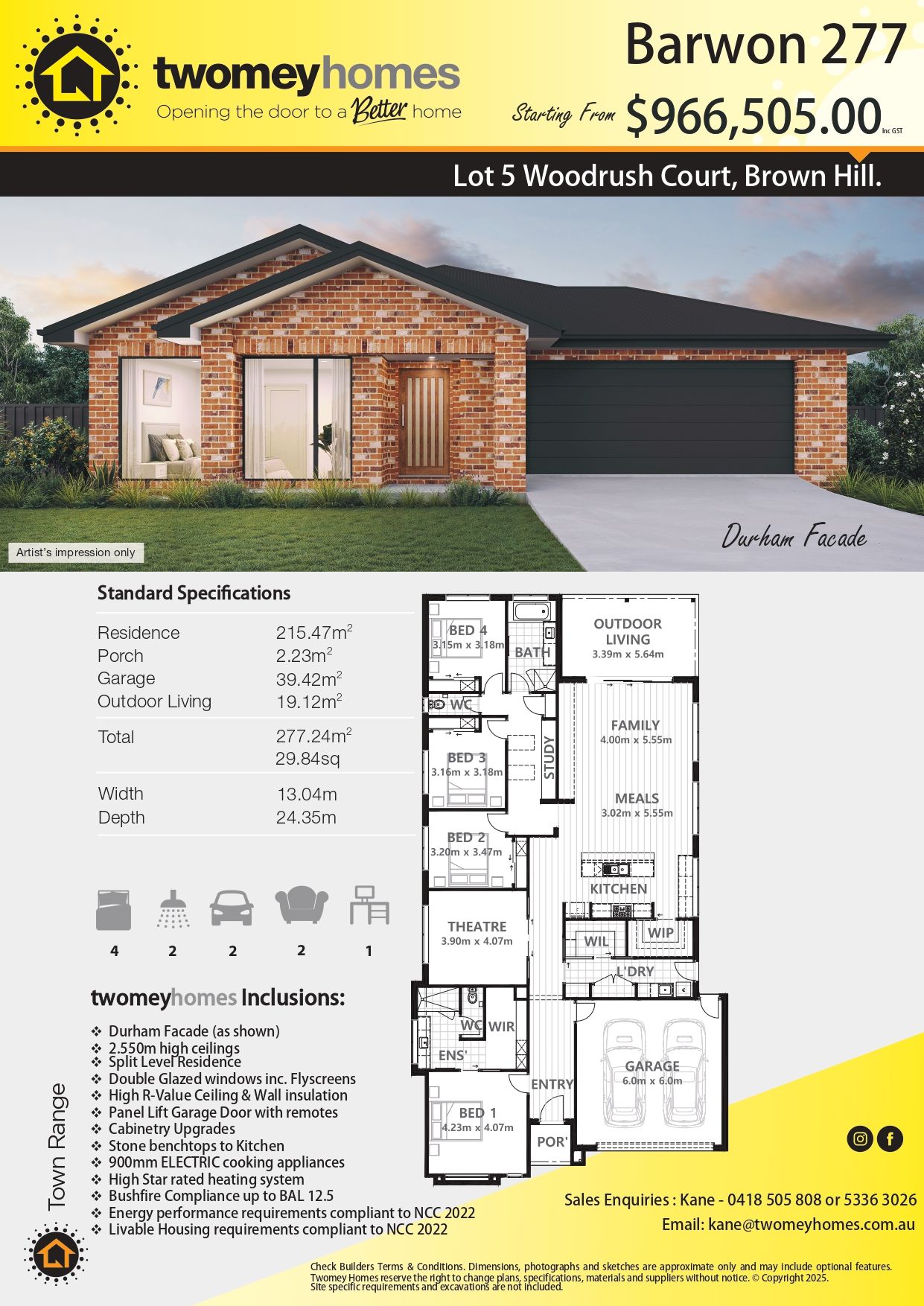 Twomey Homes Barwon 277 house plan brochure with front elevation, floor plan, and pricing on yellow background — Twomey Homes in Delacombe, VIC