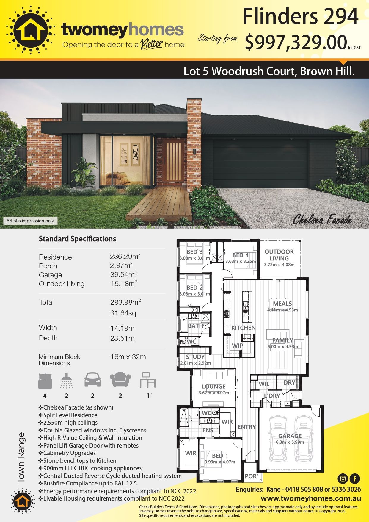 Modern house flyer with exterior render, floor plan, and pricing for Flinders 294 by TwoBayHomes — Twomey Homes in Delacombe, VIC