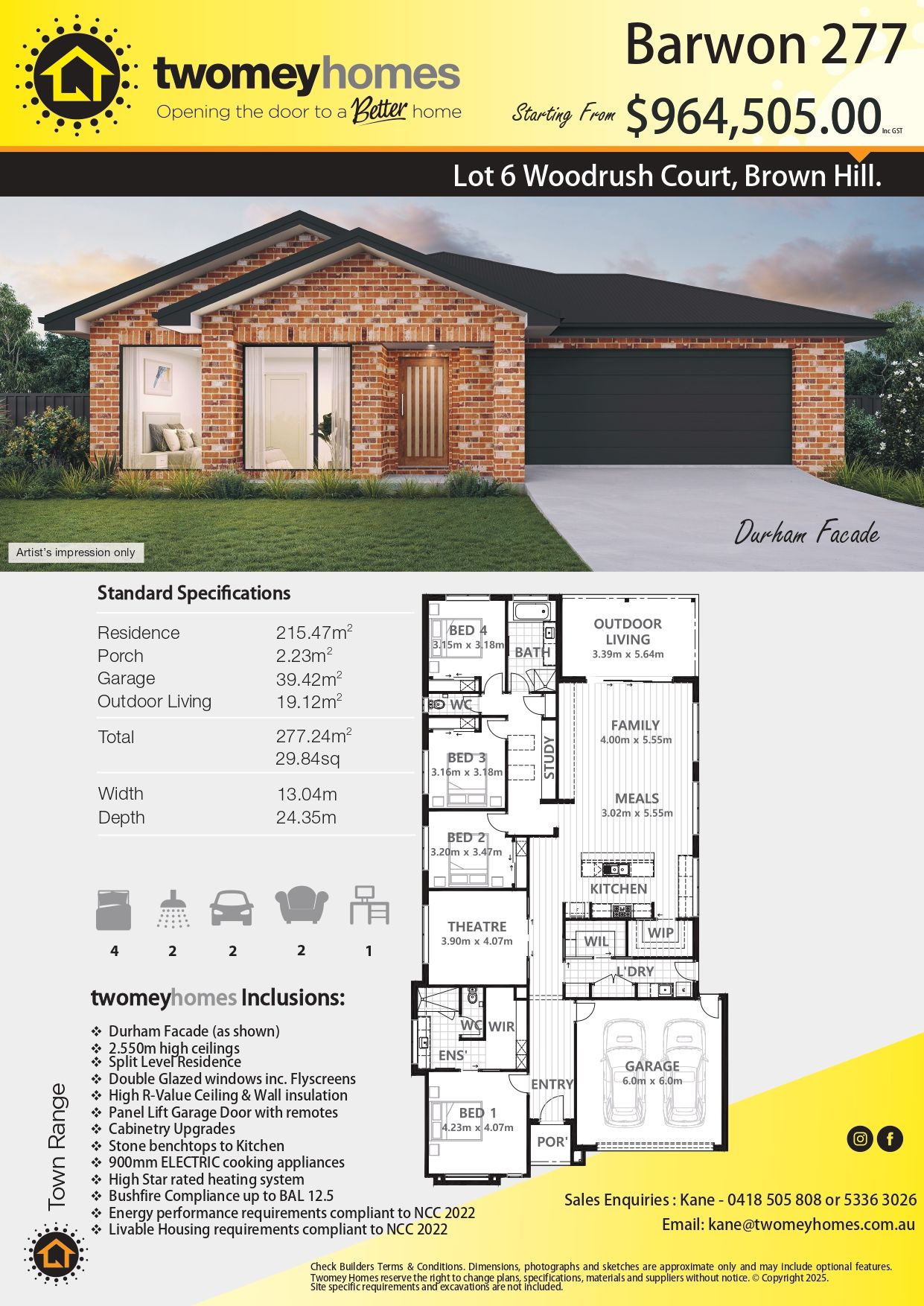 Twomey Homes Barwon 277 house plan flyer with exterior render, floor plan, and pricing in yellow and white
