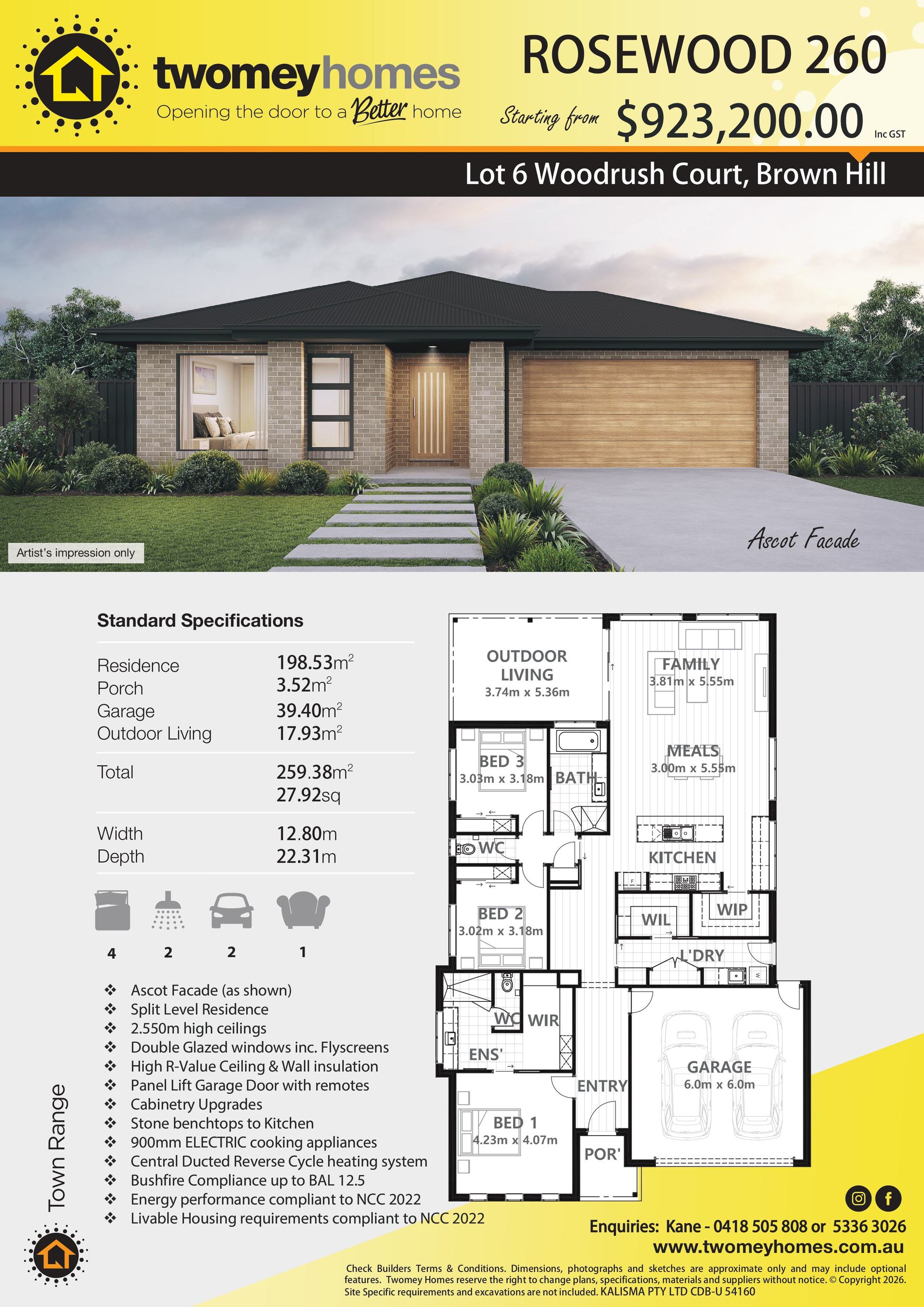 Rosewood 260 house floor plan flyer with exterior rendering, specs, and layout diagrams on white background — Twomey Homes in Delacombe, VIC