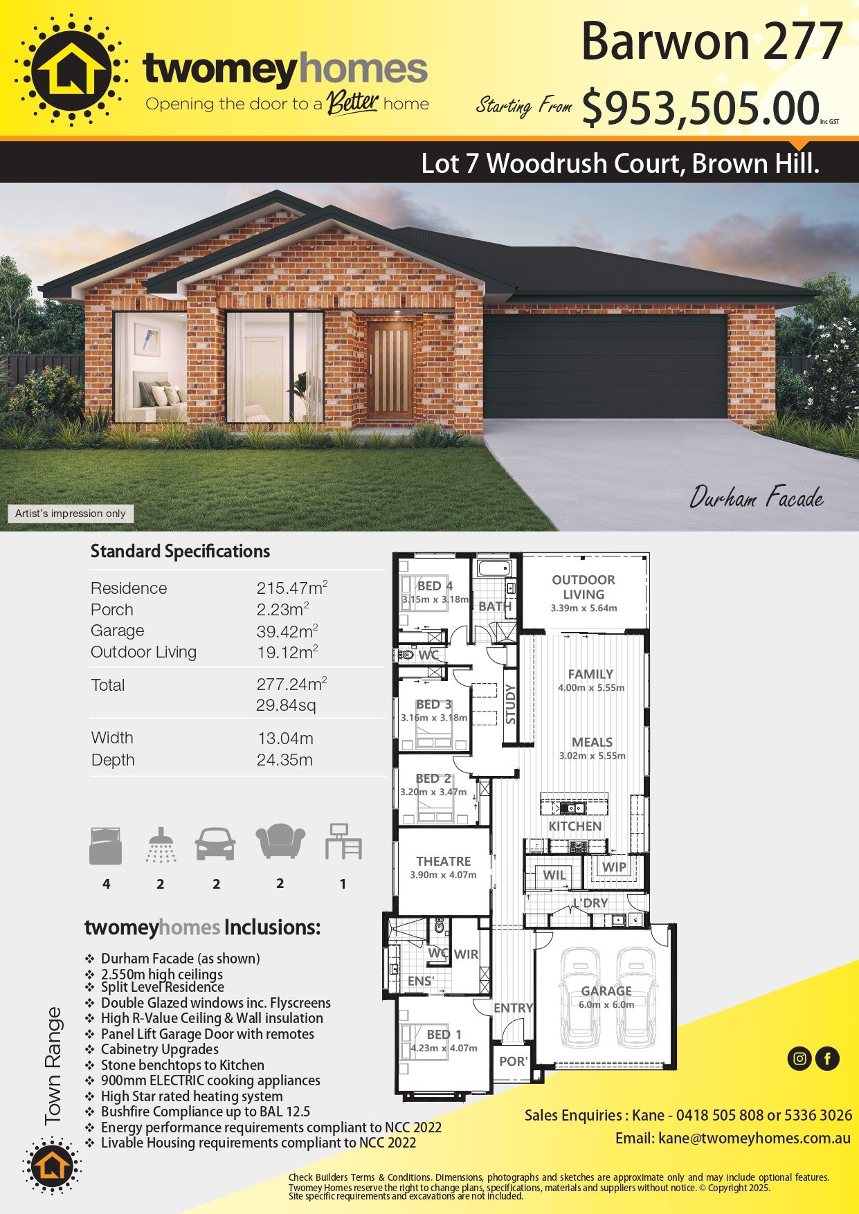 Twomey Homes flyer for Barwon 277 house plan with front elevation, floor plans, and price on a yellow background — Twomey Homes in Delacombe, VIC