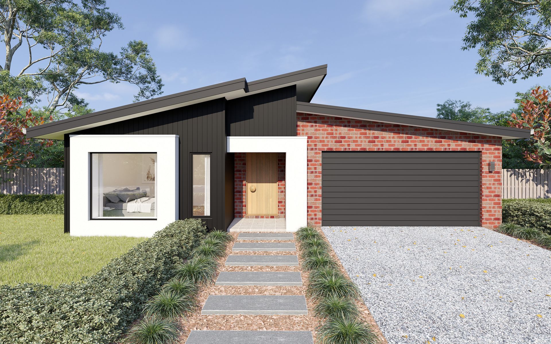 Modern single-story house with black and white facade, brick garage, and gravel driveway — Twomey Homes in Delacombe, VIC