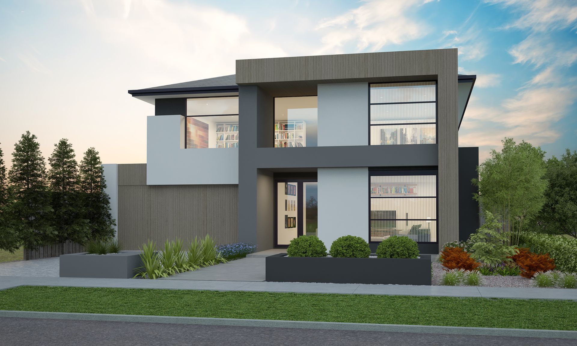 Modern two-story grey house with large windows, balcony, and landscaped front yard at dusk — Twomey Homes in Delacombe, VIC
