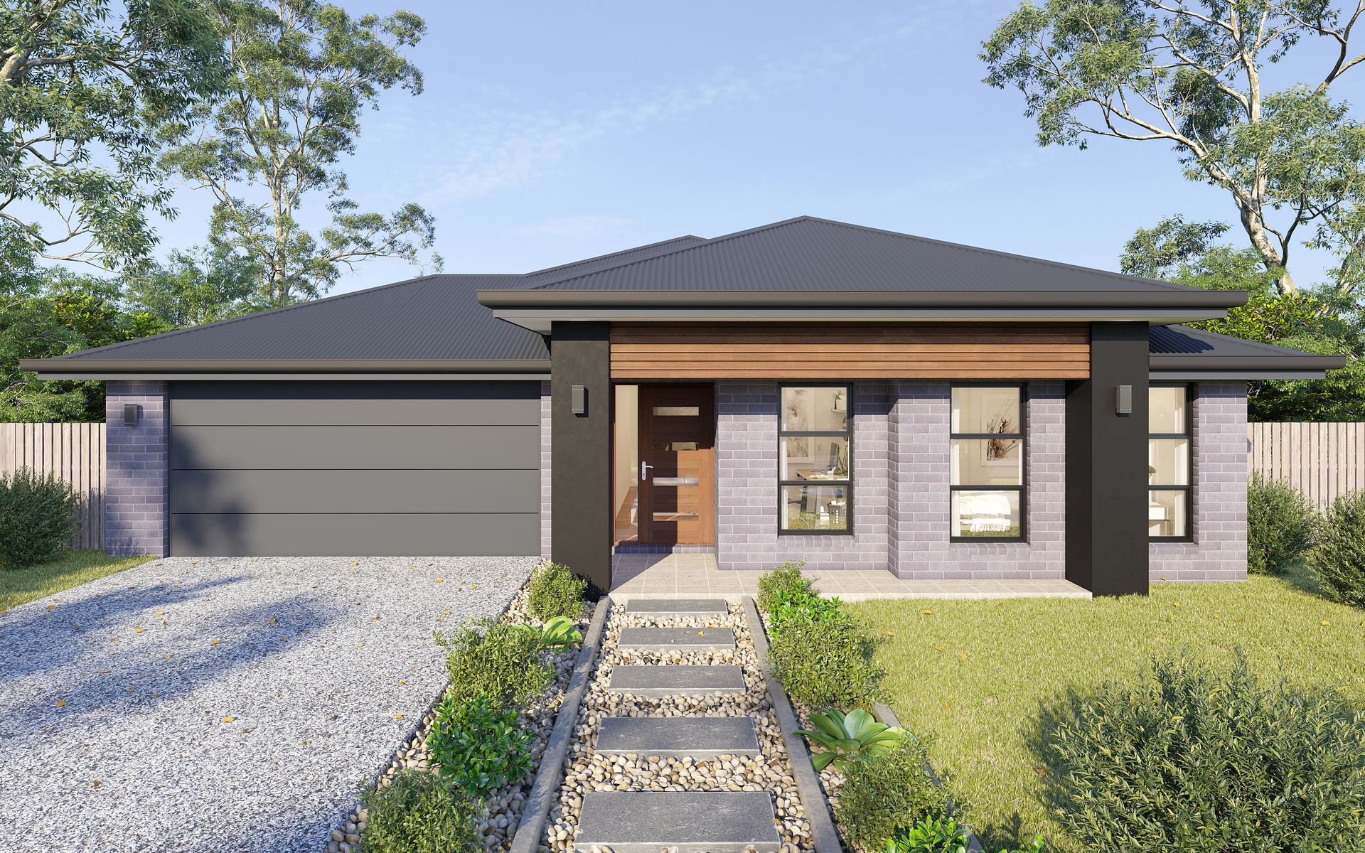 Modern single-story house with a stone walkway, grey garage, and manicured front yard — Twomey Homes in Delacombe, VIC