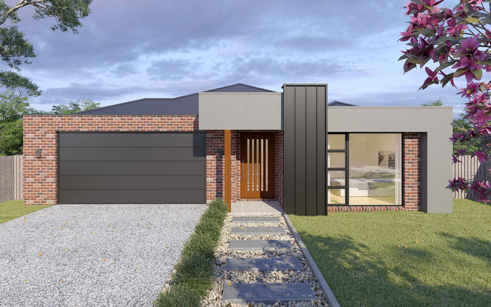 Modern single-story house with brick and grey facade, gravel driveway, and front walkway under cloudy sky — Twomey Homes in Delacombe, VIC