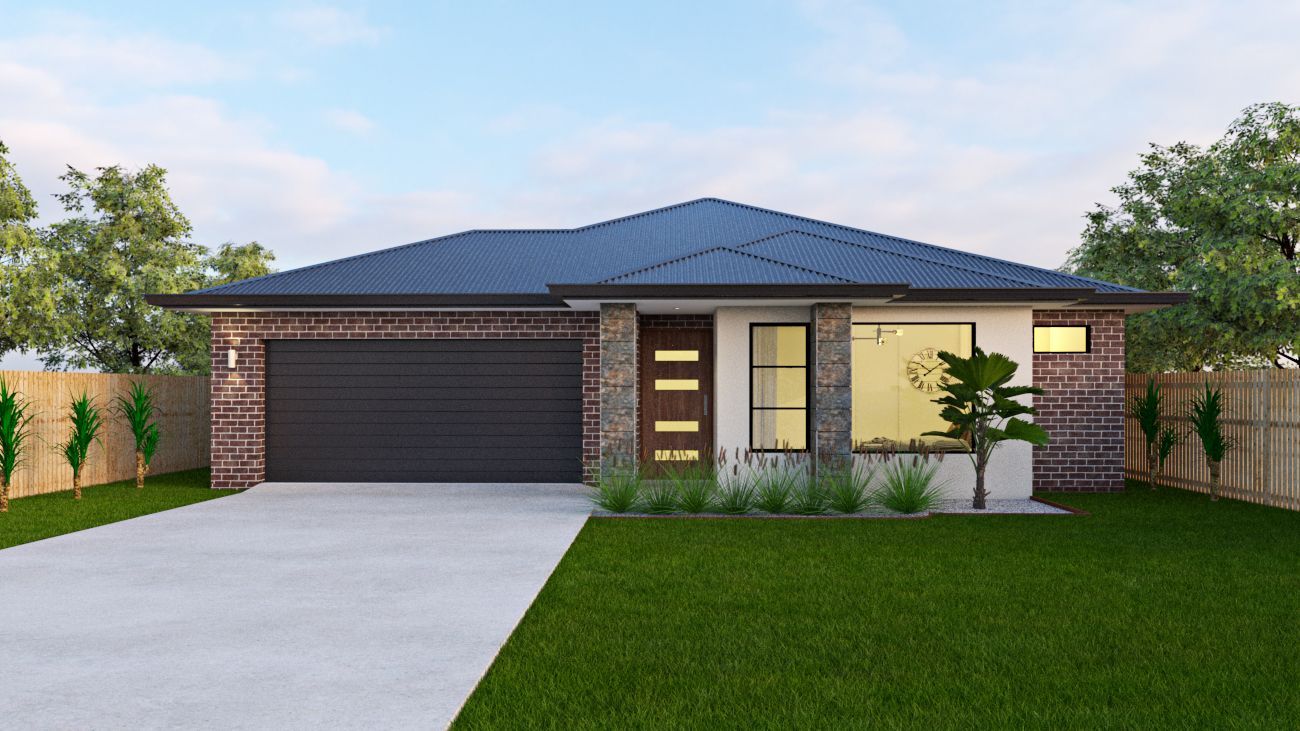 Modern single-story brick house with dark roof, large garage, and front lawn at dusk — Twomey Homes in Delacombe, VIC