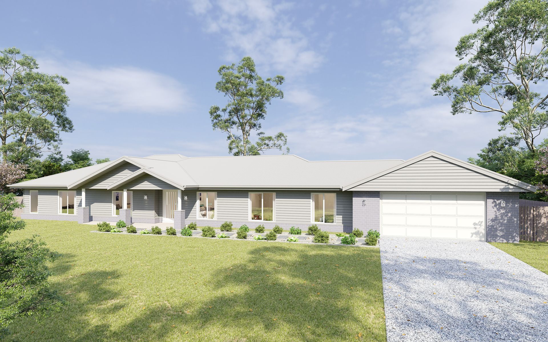 Single-story suburban house with grey roof, white garage, and gravel driveway under a bright sky — Twomey Homes in Delacombe, VIC