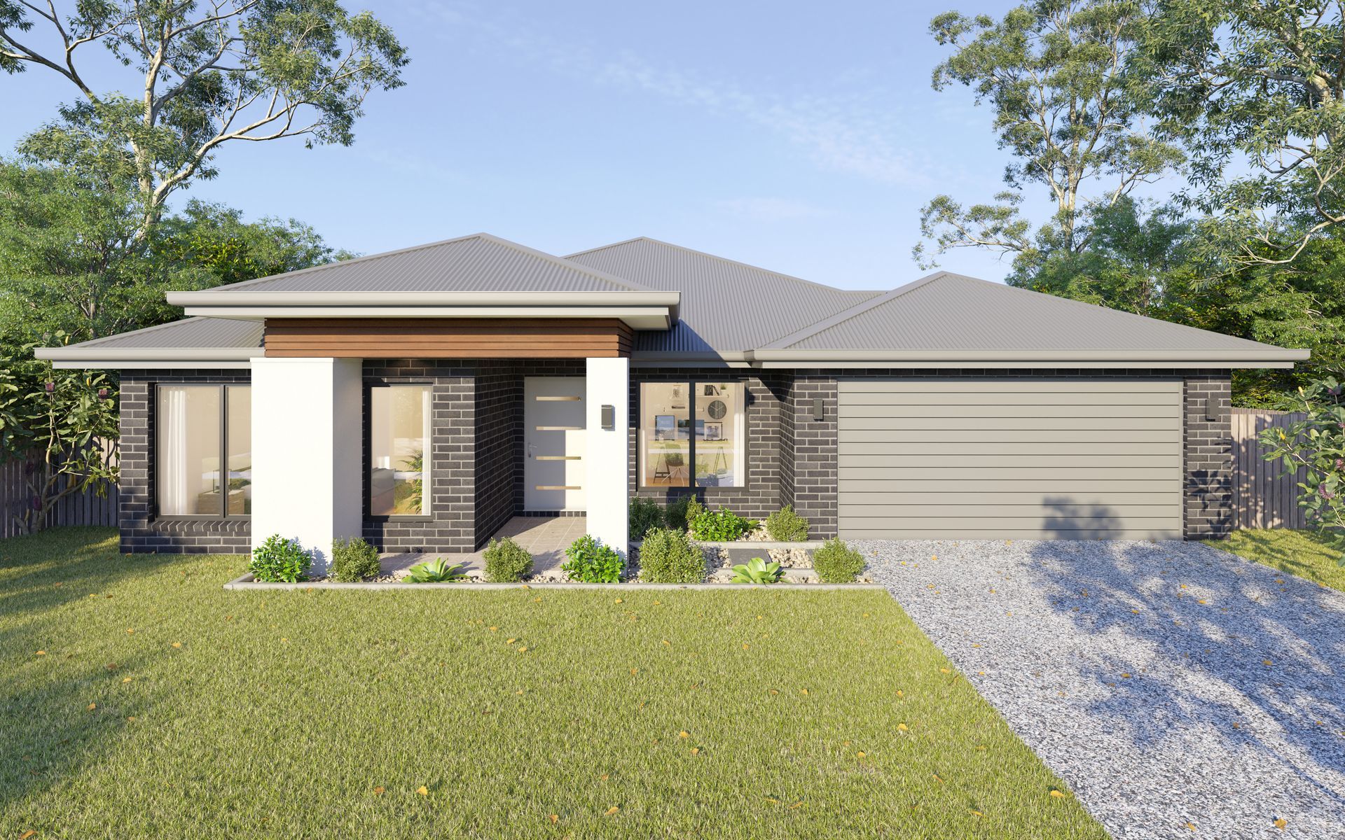 Modern single-story house with grey roof, beige exterior, front lawn, and gravel driveway — Twomey Homes in Delacombe, VIC