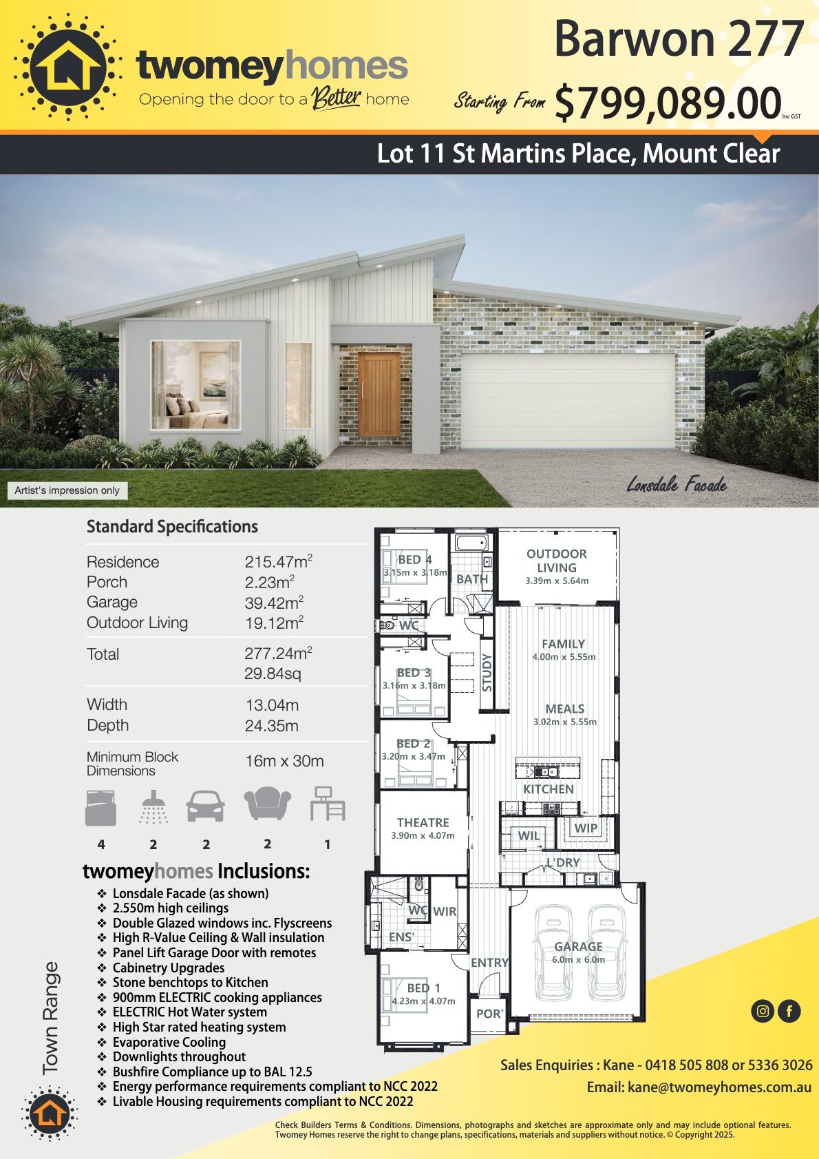 Real estate flyer for Barwon 277 house plan with exterior rendering, floor plans, and price $799,089.00 — Twomey Homes in Delacombe, VIC