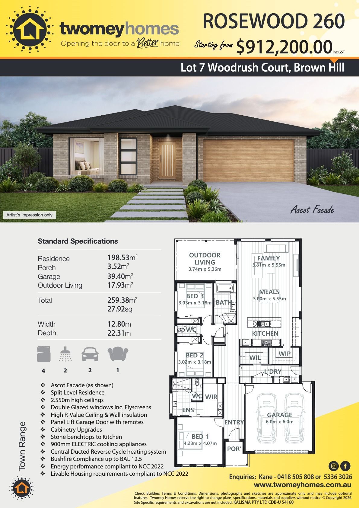 Rosewood 260 house plan brochure with front elevation, floor plan, and pricing details on a white background