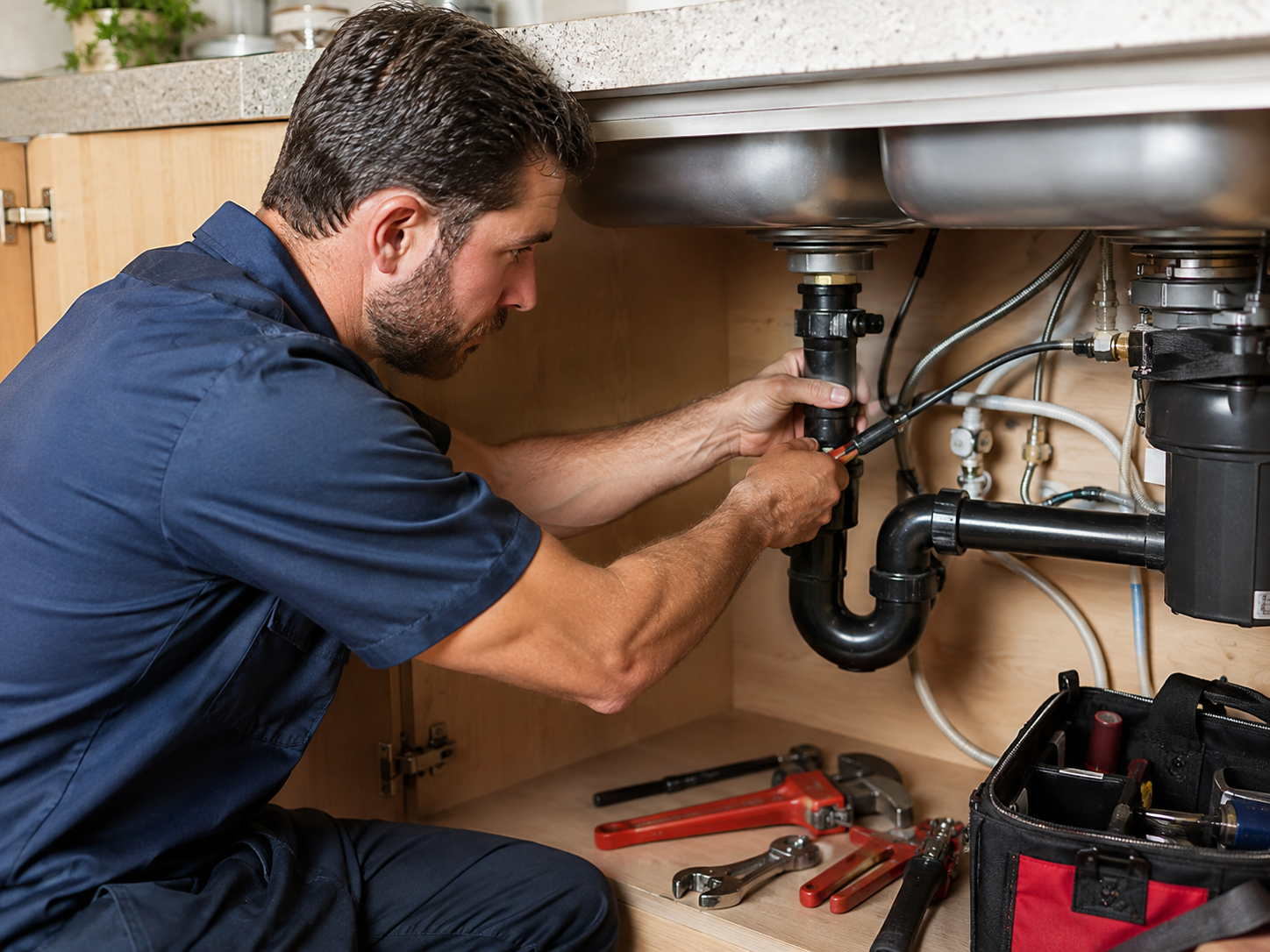 Plumber repairing pipes under a kitchen sink for a pipe repair service call