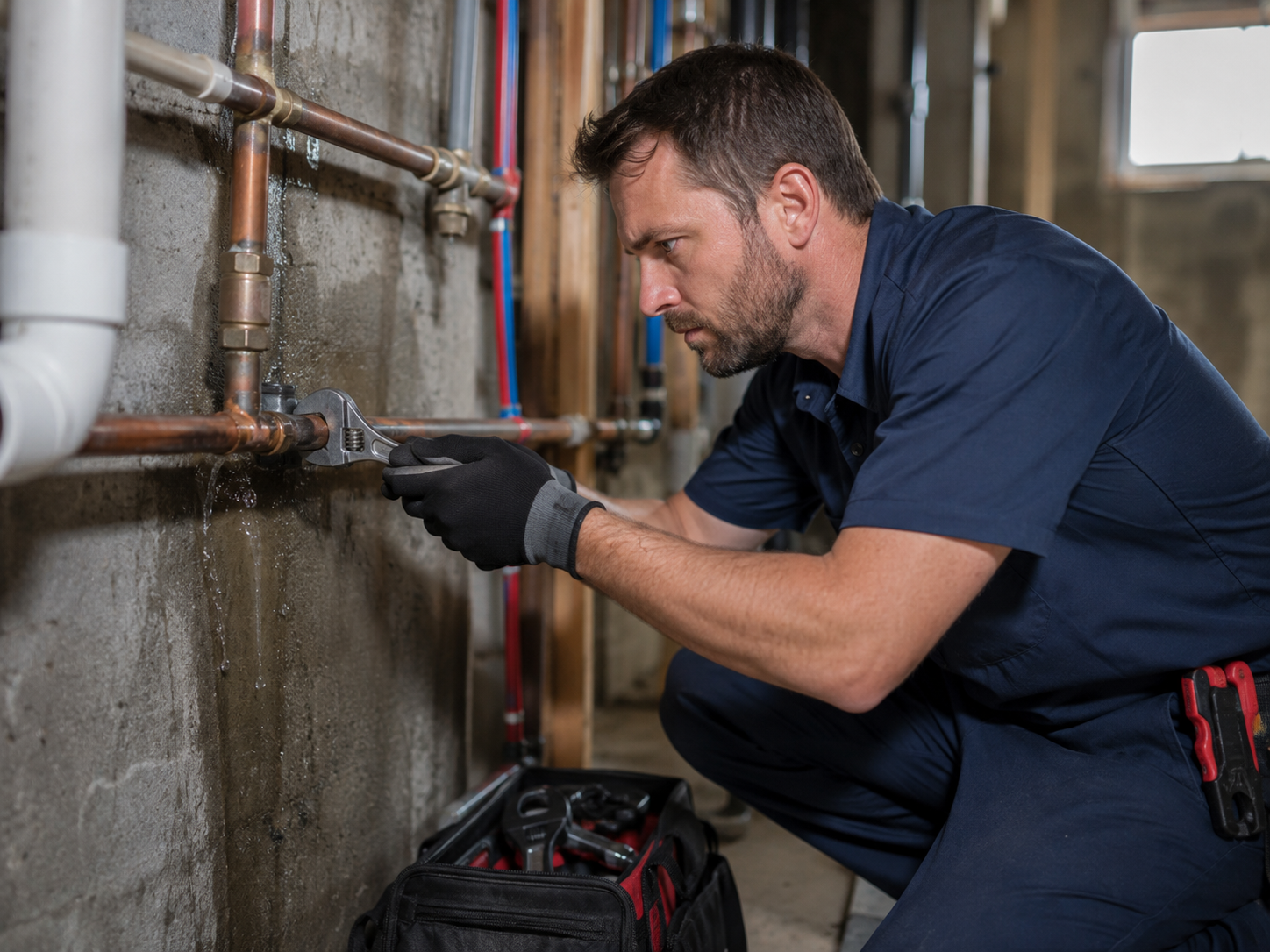 Professional plumber repairing a leaking copper pipe during a pipe repair plumbing call