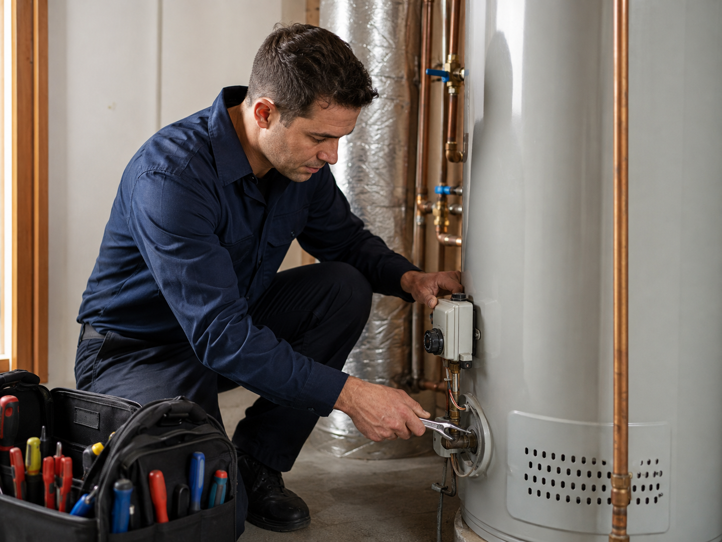 Professional plumber repairing a residential water heater during a service call