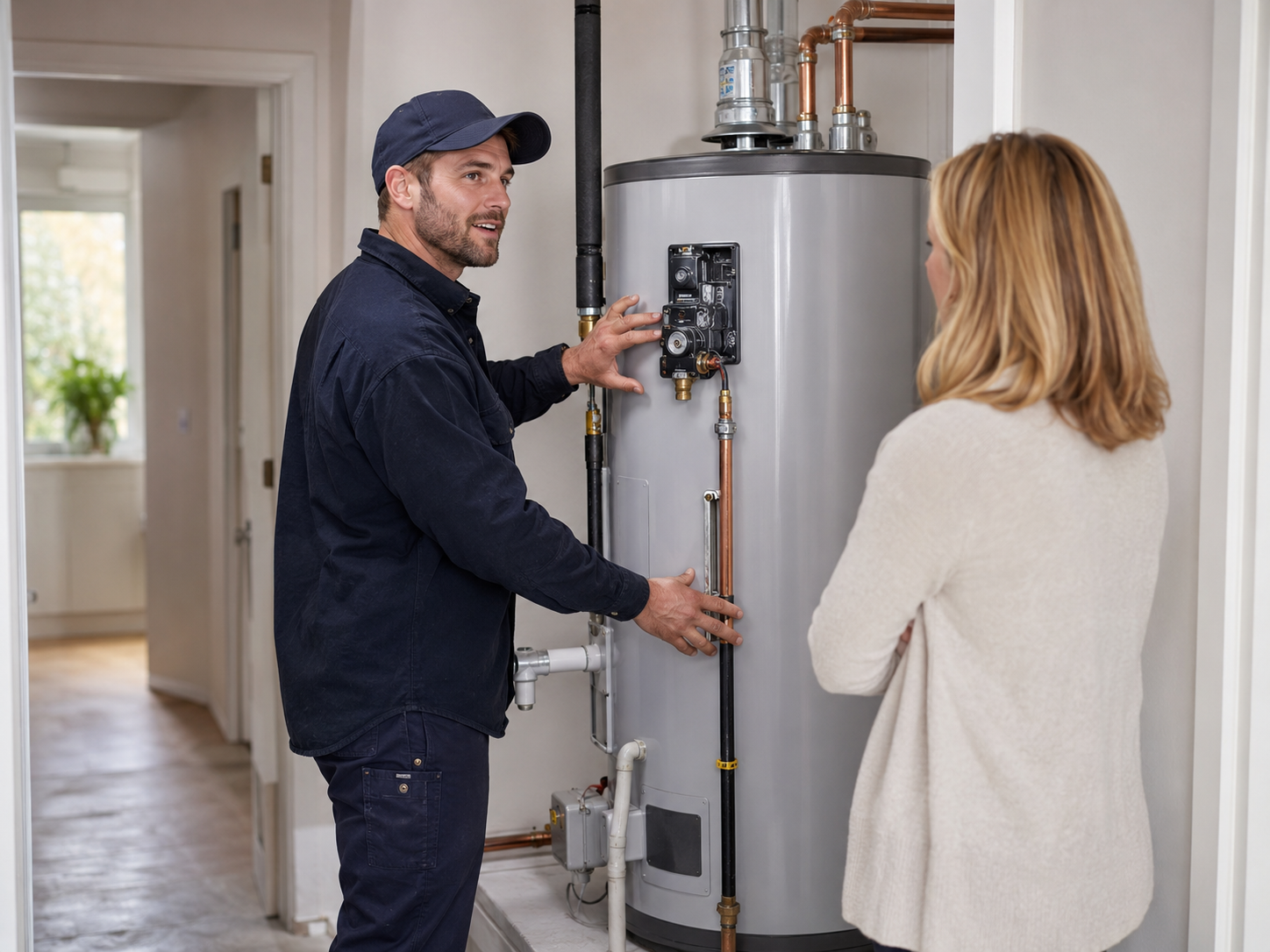 Plumber explaining a residential water heater system to a homeowner