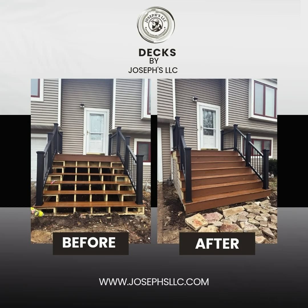 A before-and-after comparison of a deck staircase renovation by Decks by Joseph’s LLC, showing closed risers added.