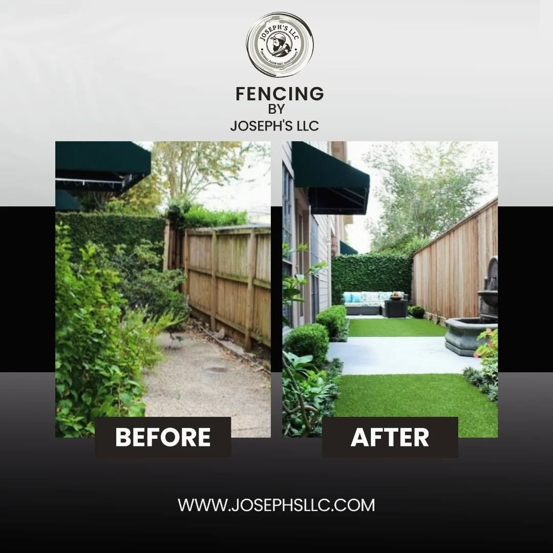 Before and after transformation of a backyard featuring a new wood fence, stone patio, and artificial lawn.
