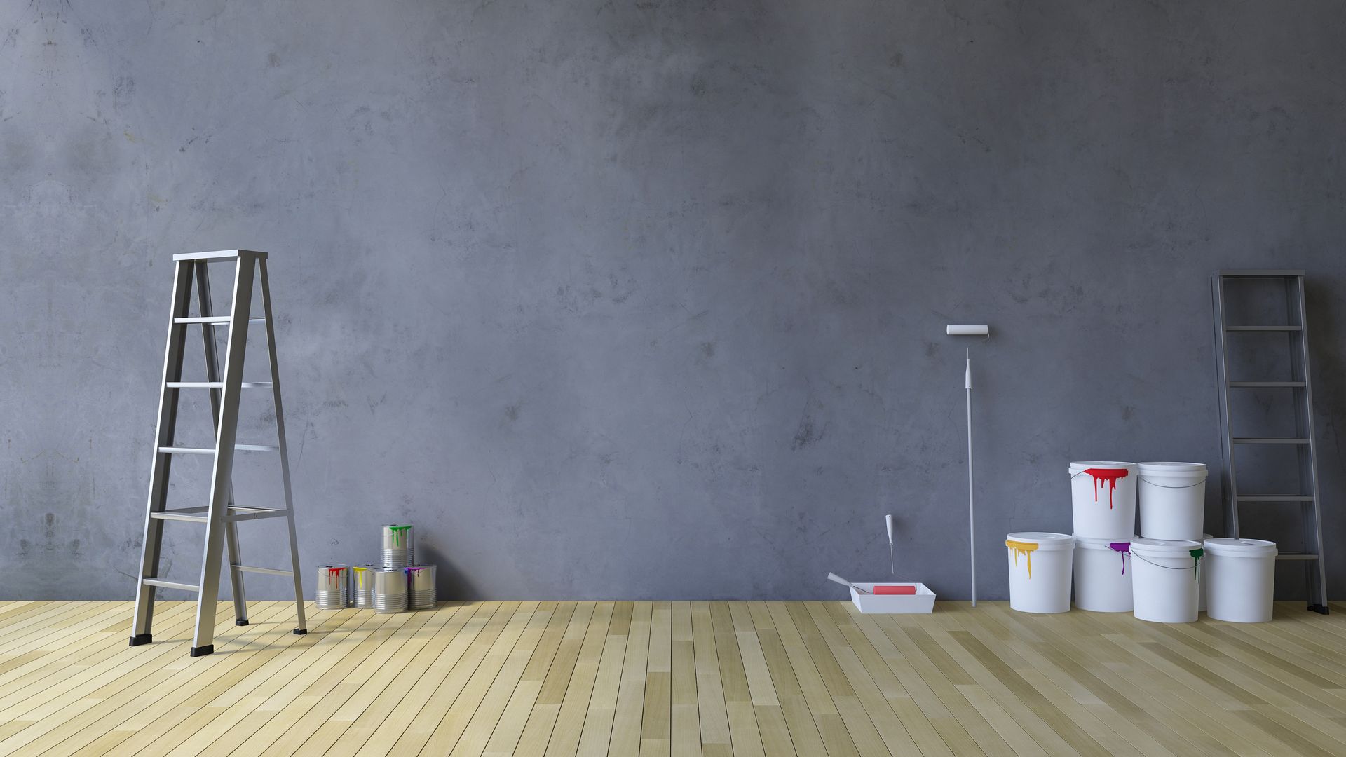 Ladder, paint cans, and roller on a wooden floor in front of a gray wall, preparing for painting.