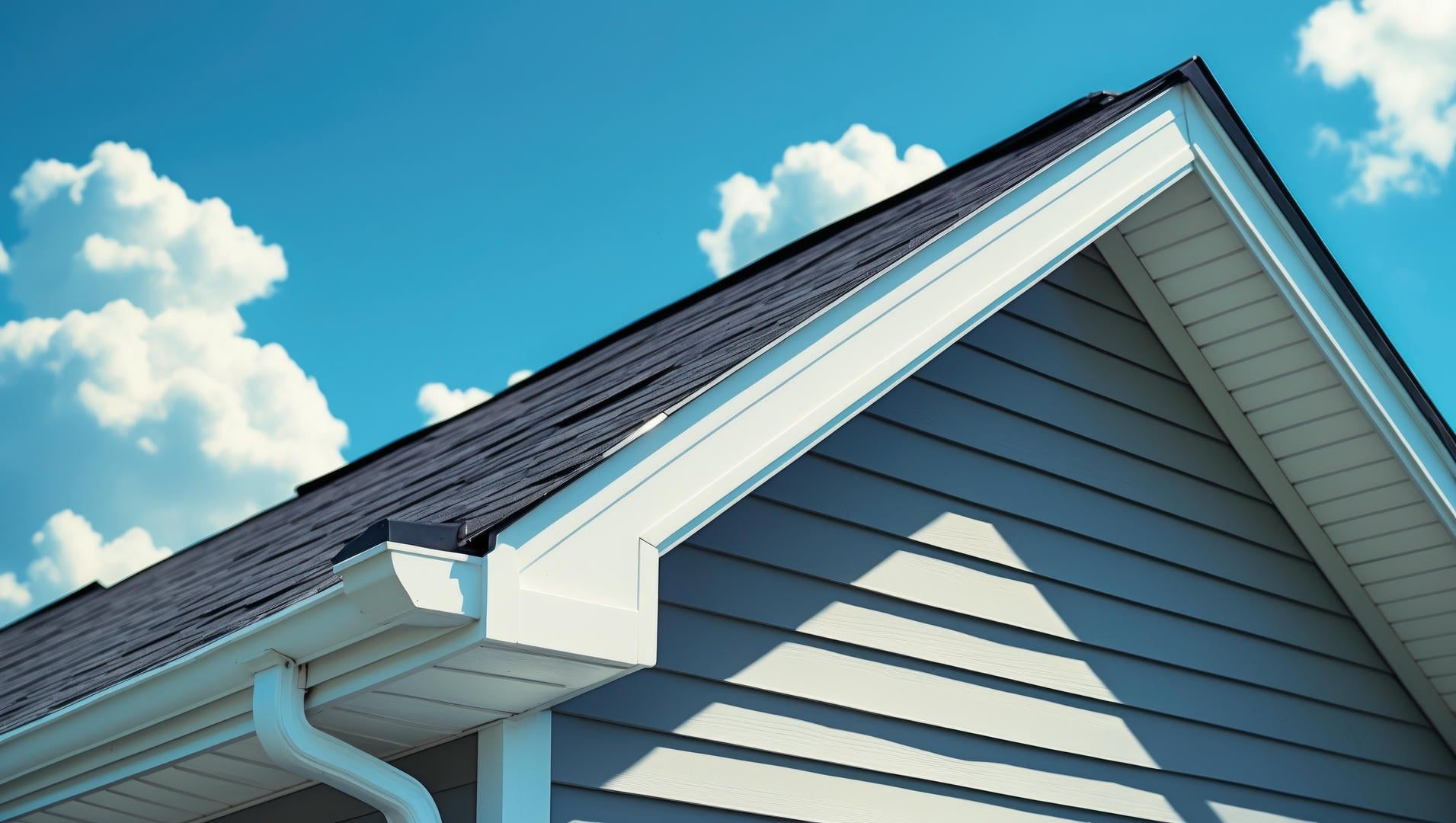 Close-up of a house's roof and siding against a bright blue sky with fluffy white clouds.
