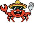 Cartoon red crab wearing a sombrero and sunglasses, holding a fork and claw up, smiling