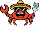 Cartoon red crab wearing a sombrero and sunglasses, holding a fork and claw up, smiling