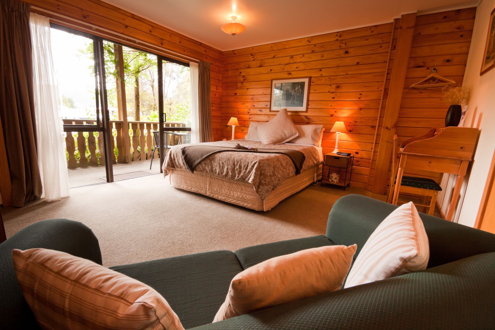 Cozy interior of a wooden mountain lodge.