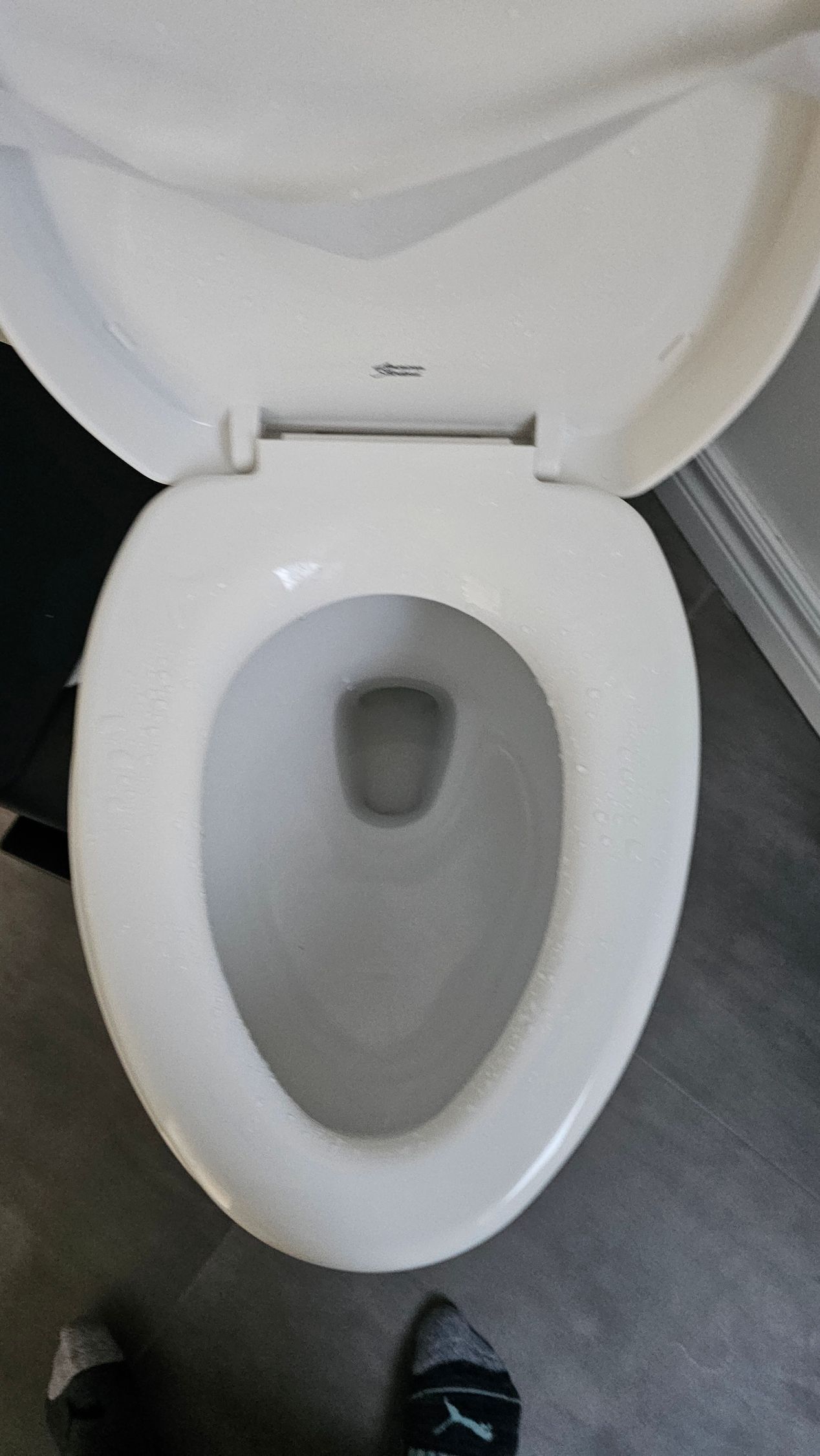 Open white toilet with gray bowl in a bathroom; a shoe tip is visible at the bottom.