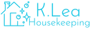Turquoise K.Lea Housekeeping logo with a house, sparkles, and a cleaning figure icon