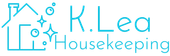 Turquoise K.Lea Housekeeping logo with a house, sparkles, and a cleaning figure icon