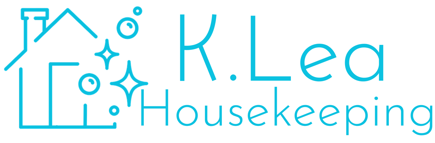 Turquoise K.Lea Housekeeping logo with a house, sparkles, and a cleaning figure icon