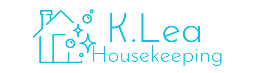 Turquoise logo of a house with bubbles and stars, labeled “K.Lea Housekeeping”