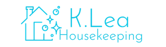 Turquoise logo of a house with bubbles and stars, labeled “K.Lea Housekeeping”