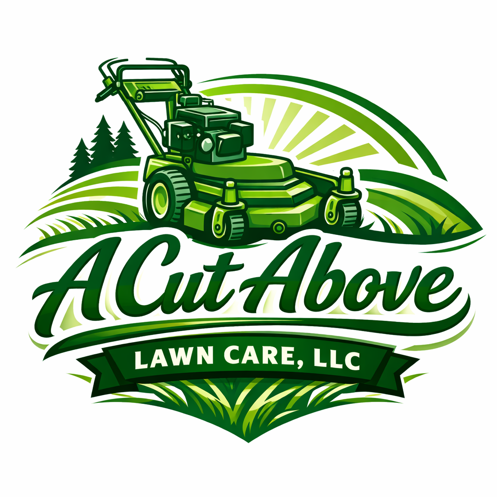 A logo for "A Cut Above Lawn Care, LLC," featuring a green lawnmower above the business name and stylized grassy terrain.