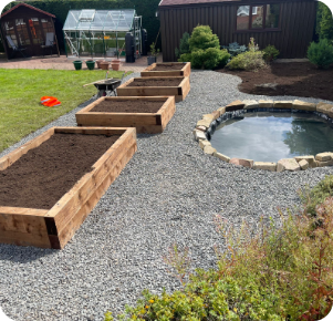 Backyard with raised wooden garden beds, gravel ground, greenhouse, and a small pond