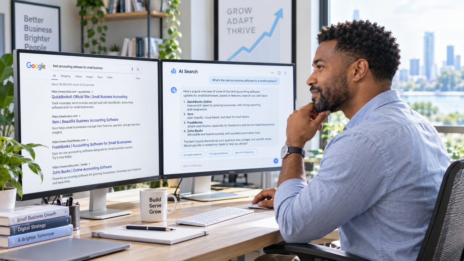 Man working at dual monitors in a bright office, reading documents on a laptop and screen.