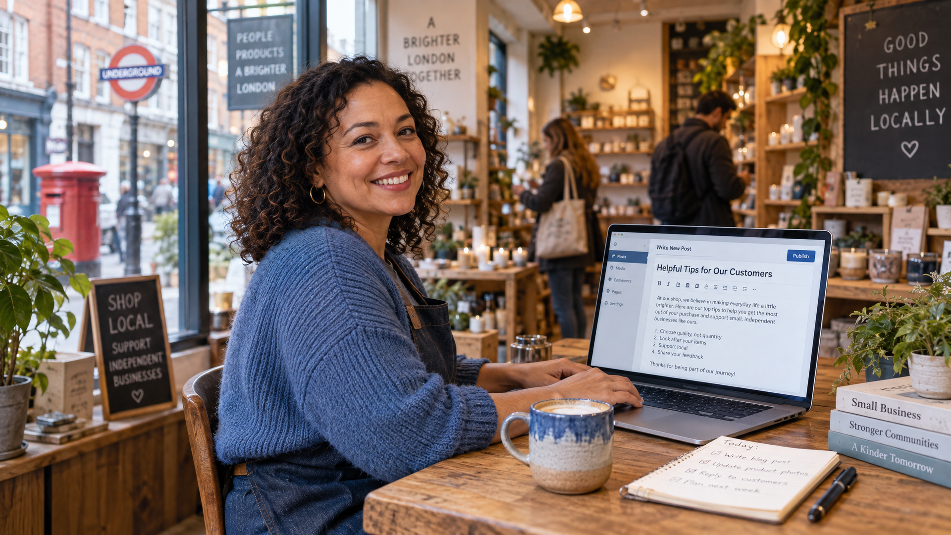 Woman smiling at a café table with a laptop, notebook, and coffee in a cozy shop setting