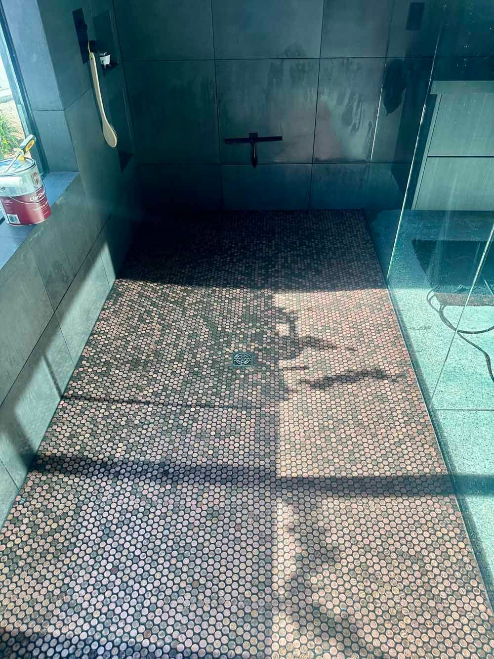 Glass shower enclosure with dark mosaic tile floor and sunlight shadows