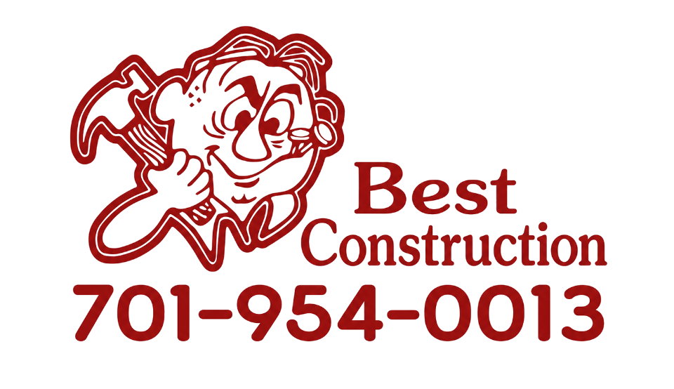 Best Construction logo with red cartoon builder and phone number 701-954-0013