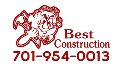 Best Construction logo with red cartoon builder and phone number 701-954-0013